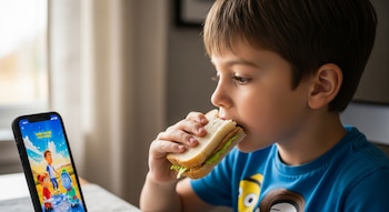 Niño con camiseta azul mordiendo un sándwich de pan blanco con lechuga y jamón. Un teléfono móvil negro con pantalla encendida se ubica frente a él.