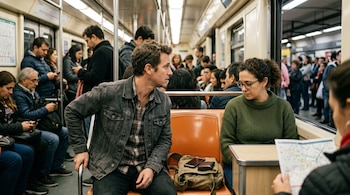 Un hombre con chaqueta gris y una mujer con suéter verde sentados en un tren cerca de un bolso, un teléfono y una billetera.