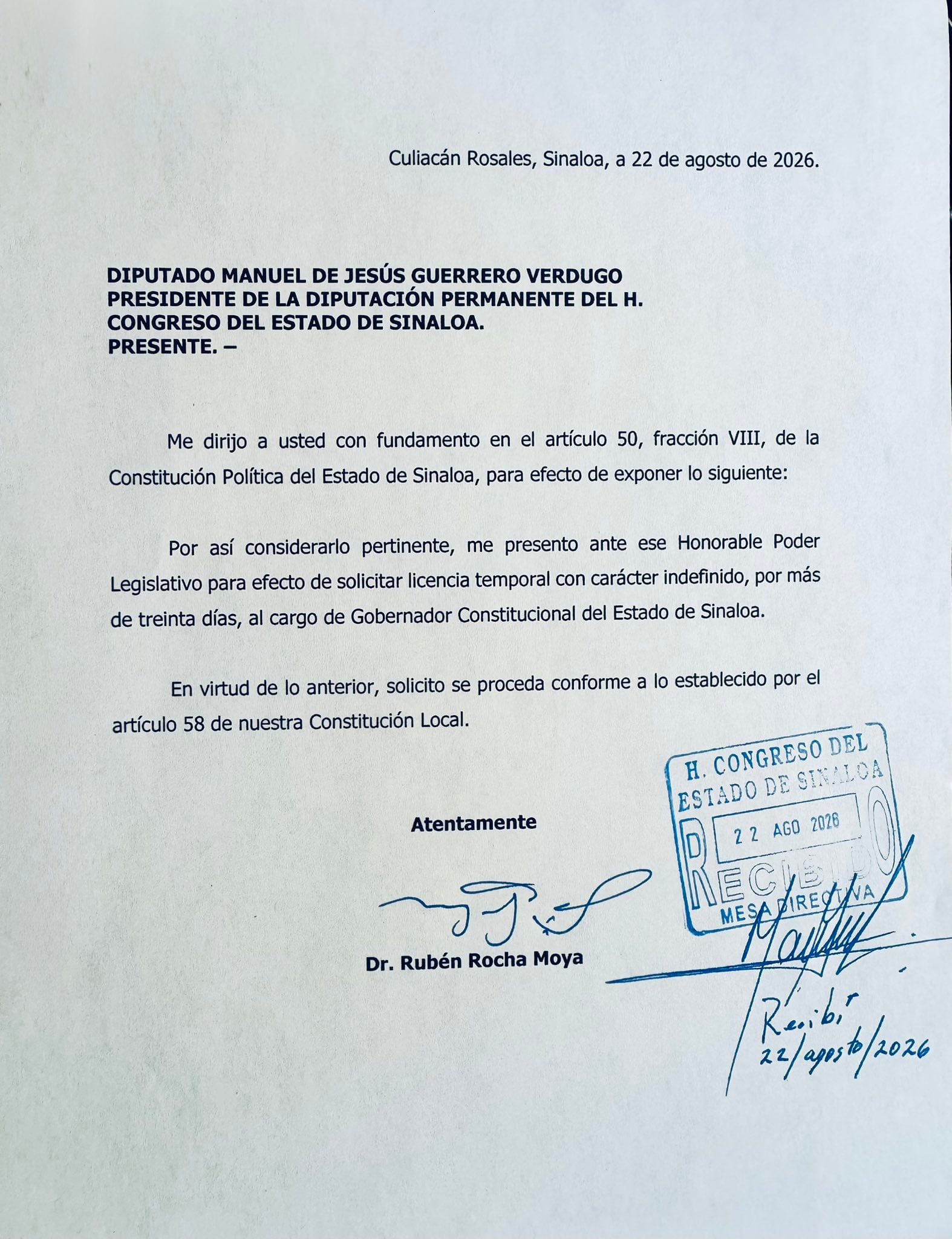 El gobernador solicitó la licencia a solo un día de haber regresado al cargo.