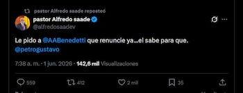 El embajador Alfredo Saade pidió públicamente la renuncia inmediata de Armando Benedetti para favorecer la candidatura de Iván Cepeda en las elecciones presidenciales - crédito X