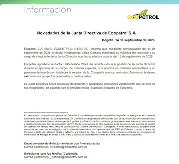 La reconfiguración de la Junta Directiva de Ecopetrol también incluye la renuncia de Hildebrando Vélez Galeano antes de la elección de los nuevos miembros - crédito Ecopetrol
