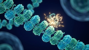 Estructura molecular con esferas verdes conectadas en espiral y una proteína brillante de color dorado sobre un fondo azul oscuro.