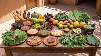 Una mesa de madera al aire libre con cestas y cuencos llenos de maíz de colores, frijoles, calabazas, chiles, mangos, tunas, aguacates y verduras. Incluye pescado, pollo, bistec y huevos.