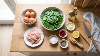 Huevos, pechuga de pollo, espinacas, aceite de oliva, especias, medio limón y utensilios sobre una mesa de madera.