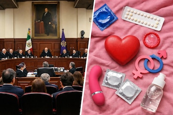 Imagen dividida: a la izquierda, el pleno de la SCJN en sesión; a la derecha, varios elementos de salud sexual como condones y píldoras anticonceptivas.