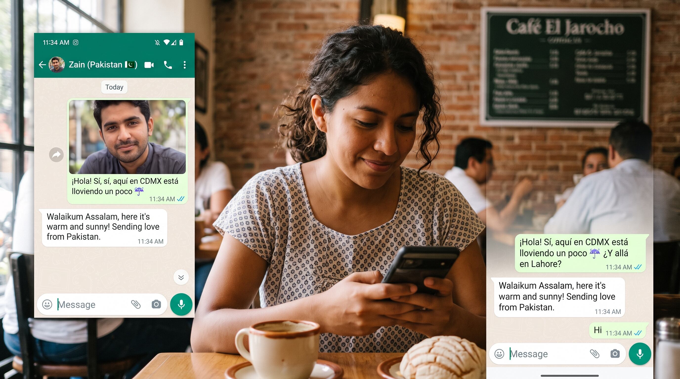 Una mujer sentada en una cafetería en Ciudad de México intercambia mensajes de texto mediante una aplicación con un hombre ubicado en Pakistán. (Imagen Ilustrativa Infobae)