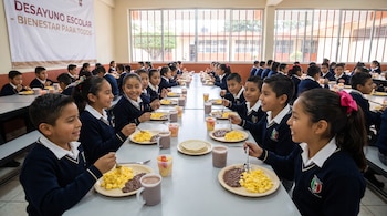 Niños con uniforme escolar sentados a mesas largas comen platos con huevo, frijoles, tortillas y fruta en un comedor iluminado.