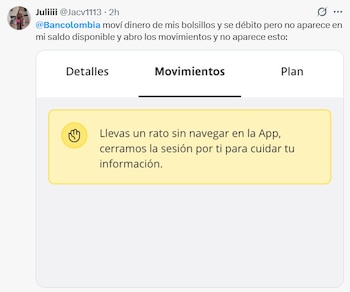 Bancolombia mantiene habilitadas transferencias internas y consultas de saldo durante el mantenimiento técnico programado, mientras usuarios reportan restricciones en otros servicios - crédito @Jacv1113 / X