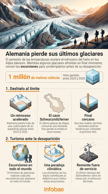 Ilustración de excursionistas frente a un glaciar montañoso sobre una infografía con textos, iconos y gráficos explicativos.