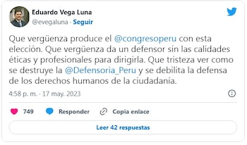Tuit de Eduardo Vega, exdefensor