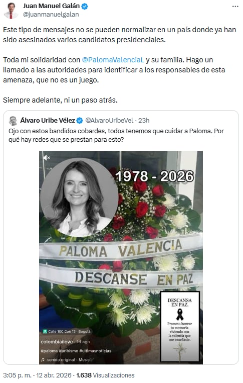 Juan Manuel Galán pidió esclarecer amenazas contra Paloma Valencia - crédito @juanmanuelgalan/X