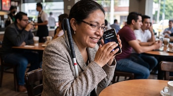 Mujer con gafas y bastón blanco, sonriendo, usa un teléfono móvil con la pantalla mostrando 'Banco Móvil Consultar Saldo', en un café.