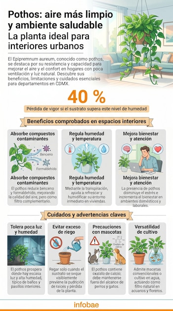 Infografía ilustrada sobre el pothos, mostrando sus beneficios para el aire interior y el bienestar, junto con consejos de cuidado y precauciones para mascotas.