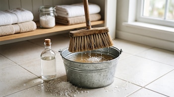 Escoba sobre un balde metálico con agua y sal, junto a una botella de vidrio con líquido transparente y granos de sal en el suelo de cerámica.