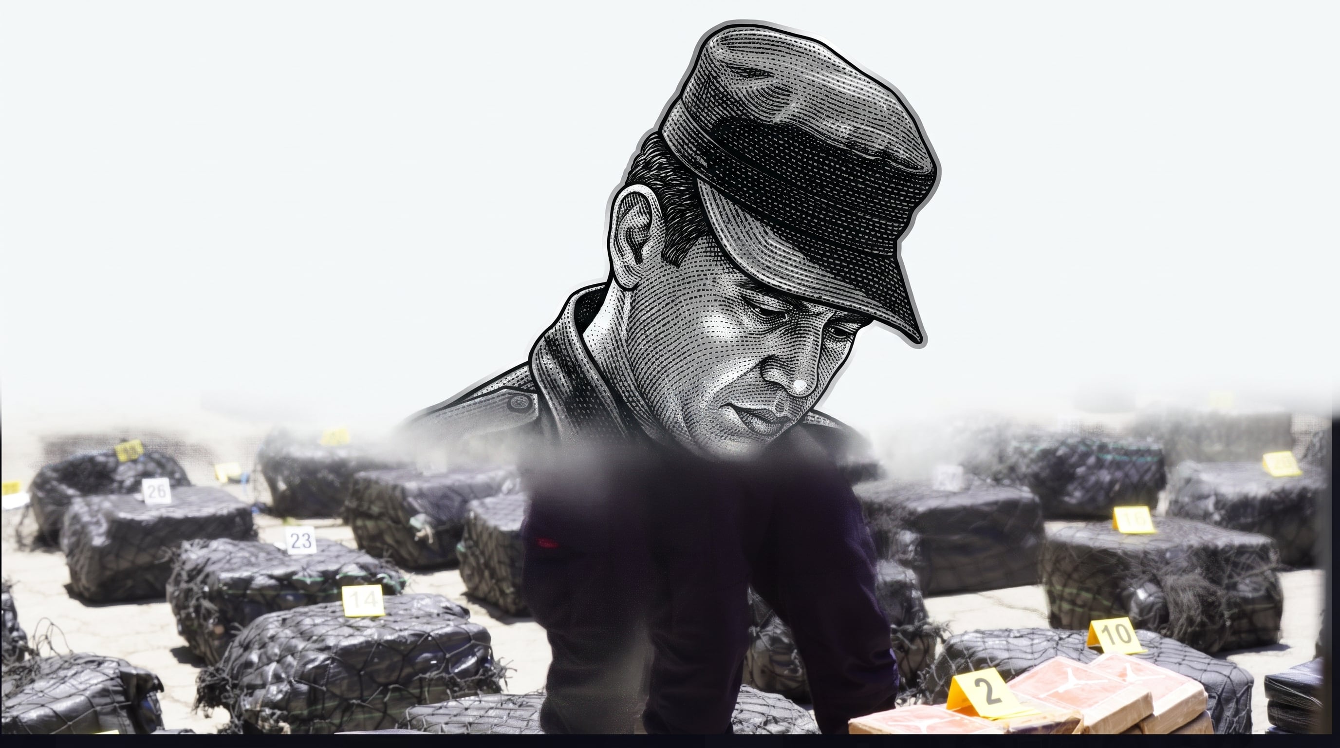 Una ilustración superpone el retrato de un hombre en uniforme sobre fardos y paquetes marcados con números. (Imagen Ilustrativa Infobae)