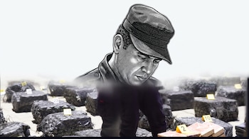 Ilustración de un hombre con gorra y uniforme. Fondo con fardos negros, algunos paquetes marrones y marcadores amarillos numerados.