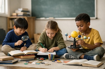 Tres niños sentados en el suelo. Uno lee un libro con lupa, otro dibuja, y el tercero sostiene un modelo del sistema solar.