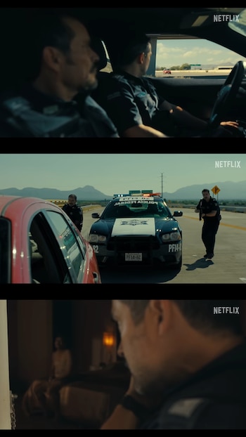 Tres fotogramas sobre un operativo policial con agentes en patrullas, interceptando un automóvil rojo y en una habitación