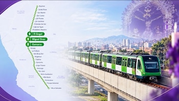 Un diagrama con estaciones de metro junto a un tren que circula sobre un viaducto elevado y una imagen del Señor de los Milagros