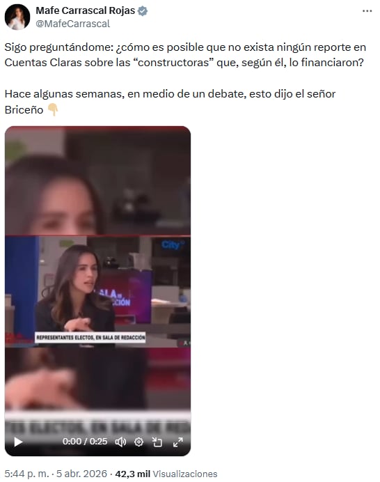 Mafe Carrascal cuestionó la transparencia en la financiación de campaña de Daniel Briceño - crédito @MafeCarrascal/X