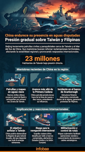 Infografía con mapa de Asia, barcos con bandera de China, submarino, estructura flotante, barcos de carga, banderas de Estados Unidos y Unión Europea, y texto explicativo.