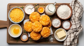 Vista cenital de muffins de queso horneados en un cesto, rodeados de ingredientes como harina, queso rallado, huevos, leche y mantequilla, sobre una tabla de madera.