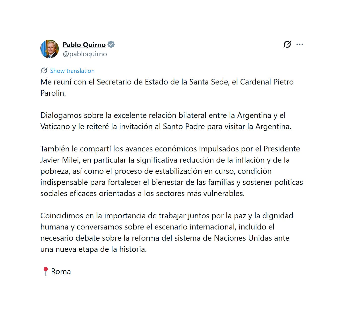 Pablo Quirno reiteró al Cardenal Pietro Parolin la invitación oficial al Papa León XIV para visitar Argentina este año