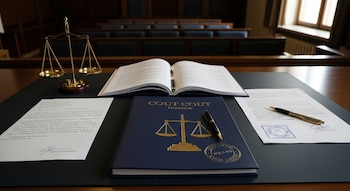 Balanza de la justicia dorada, libro abierto, expediente azul con balanza dorada, dos plumas, documentos y sellos sobre una mesa en sala de tribunal.