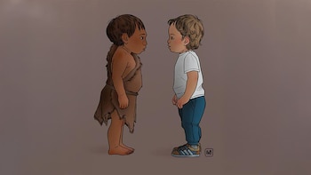 Ilustración de dos niños pequeños frente a frente; uno con vestimenta de piel animal y el otro con camiseta, pantalón y zapatillas
