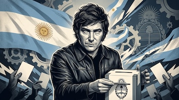 Ilustración de Javier Milei votando en una urna con el escudo argentino, entre banderas y manos con boletas.