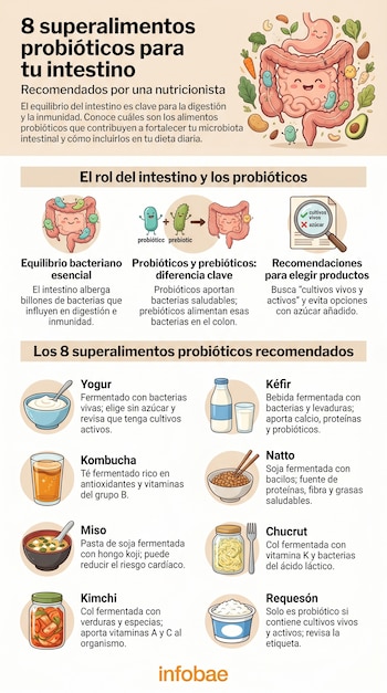 Infografía sobre ocho superalimentos probióticos para el intestino. Incluye ilustraciones de intestino, bacterias, alimentos y una lupa con recomendaciones.