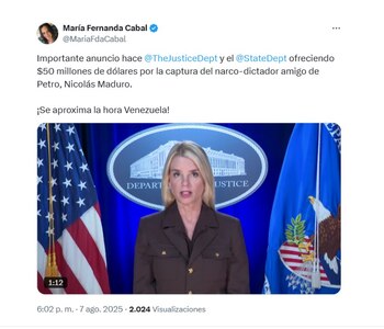 María Fernanda Cabal rechazó el vínculo entre el Gobierno Petro y el régimen venezolano, tras la nueva recompensa ofrecida por EE. UU. - crédito @MariaFdaCabal/X