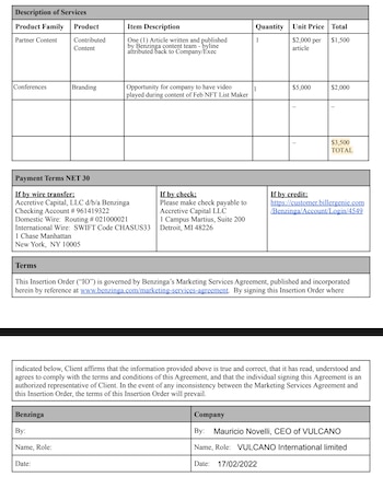 Novelli firma un contrato en febrero de 2022 con Benzinga como CEO de Vulcano International Ltd