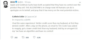"Apple y Goldman Sachs han aceptado que no tienen control sobre el producto que venden. ¡EL ALGORITMO está a cargo ahora! Todo lo que los humanos pueden hacer es disculparse en su nombre y rezar para que tenga piedad de las próximas víctimas potenciales", publicó .David Heinemeier Hansson.