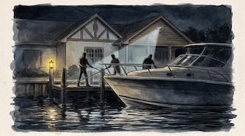 Ilustración de tres siluetas en un muelle junto a una embarcación frente a una casa con un farol encendido y una cámara de vigilancia.