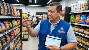 Un inspector, con chaleco azul y camisa celeste, sostiene una botella de medicina y una tableta digital en un pasillo de supermercado con estanterías llenas de productos.