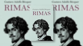 Libro titulado Rimas de Gustavo Adolfo Bécquer con la ilustración del autor y el logo Leamos sobre un fondo desenfocado.