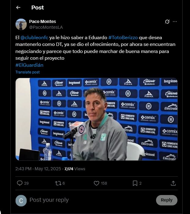 El periodista mexicano también informó sobre el interés de la directiva liderada por parte de Jesús Martínez en contar con el proceso de Eduardo Berizzo - crédito @PacoMontesLA / X