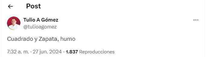 Post de Tulio Gómez en su perfil de X en donde desmiente el interés en Juan Guillermo Cuadrado y Duván Zapata - crédito Tulio Gómez/X