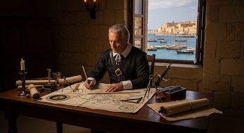Hombre vestido con ropas del siglo XVII elabora mapa náutico del Mediterráneo con instrumentos en mesa de madera, vista al puerto de Malta con barcos.