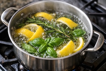 Una olla de acero inoxidable sobre una estufa, con agua hirviendo que contiene cáscaras de limón, ramitas de romero y hojas de albahaca.