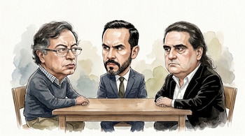 Caricatura en acuarela digital de Gustavo Petro, Abelardo de la Espriella y Alex Saab sentados frente a una mesa, mirándose con seriedad.