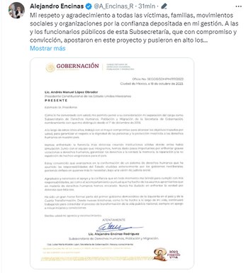 Alejandro Encinas presenta su renuncia