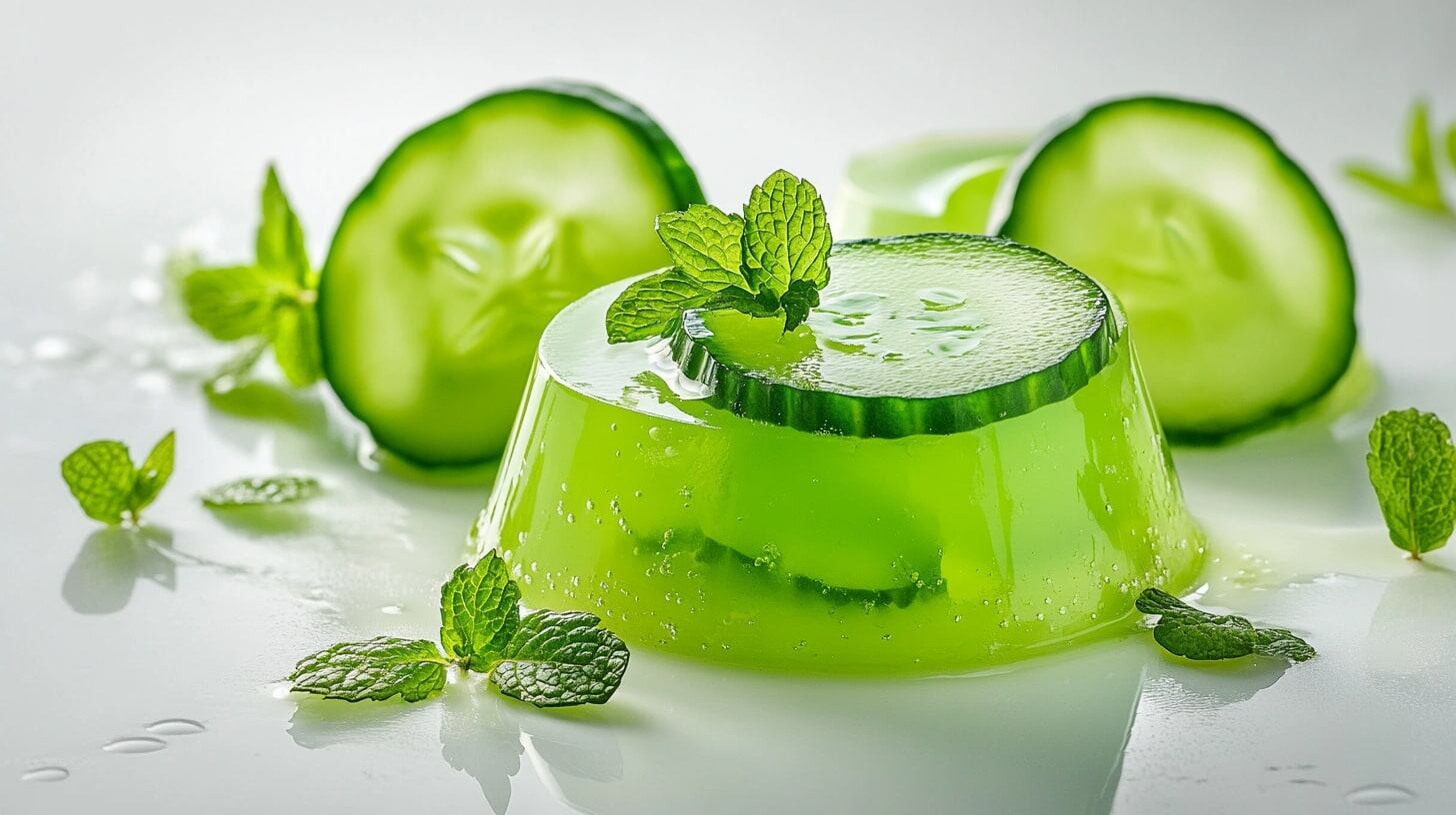 Gelatina verde decorada con rodajas de pepino y hojas de menta: un postre fresco, ligero y visualmente atractivo. - (Imagen Ilustrativa Infobae)
