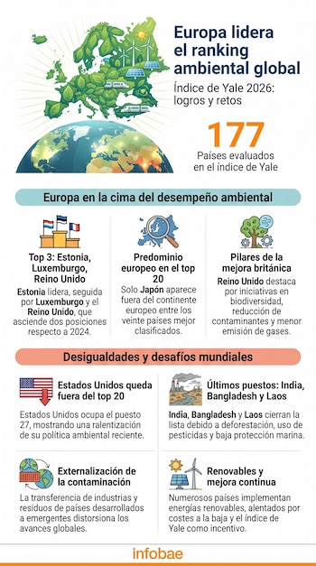 Infografía sobre el Índice de Desempeño Ambiental de Yale 2026. Muestra mapa de Europa, globos terráqueos, banderas, iconos de sostenibilidad y textos informativos.