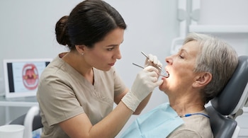 Primer plano de una dentista con guantes revisando la boca abierta de una mujer mayor recostada en un sillón dental, con instrumentos y luz brillante.