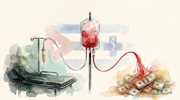 Bolsa de sangre en acuarela conectada a una camilla vacía y a billetes de dólares estadounidenses, con la bandera de Cuba al fondo.