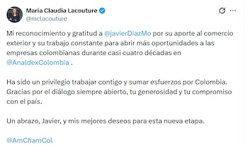 María Claudia Lacouture, presidenta ejecutiva de AmCham Colombia, resaltó el liderazgo de Javier Díaz - crédito mclacouture - @mclacouture/X