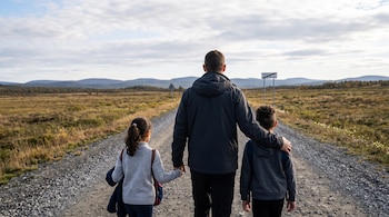 Vista posterior de un hombre y dos niños caminando de la mano por un camino de tierra sin pavimentar en un entorno rural.