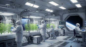 Interior de un laboratorio espacial con cuatro figuras en trajes blancos y cascos trabajando con plantas en módulos hidropónicos. Ventanas muestran la Tierra y el espacio.